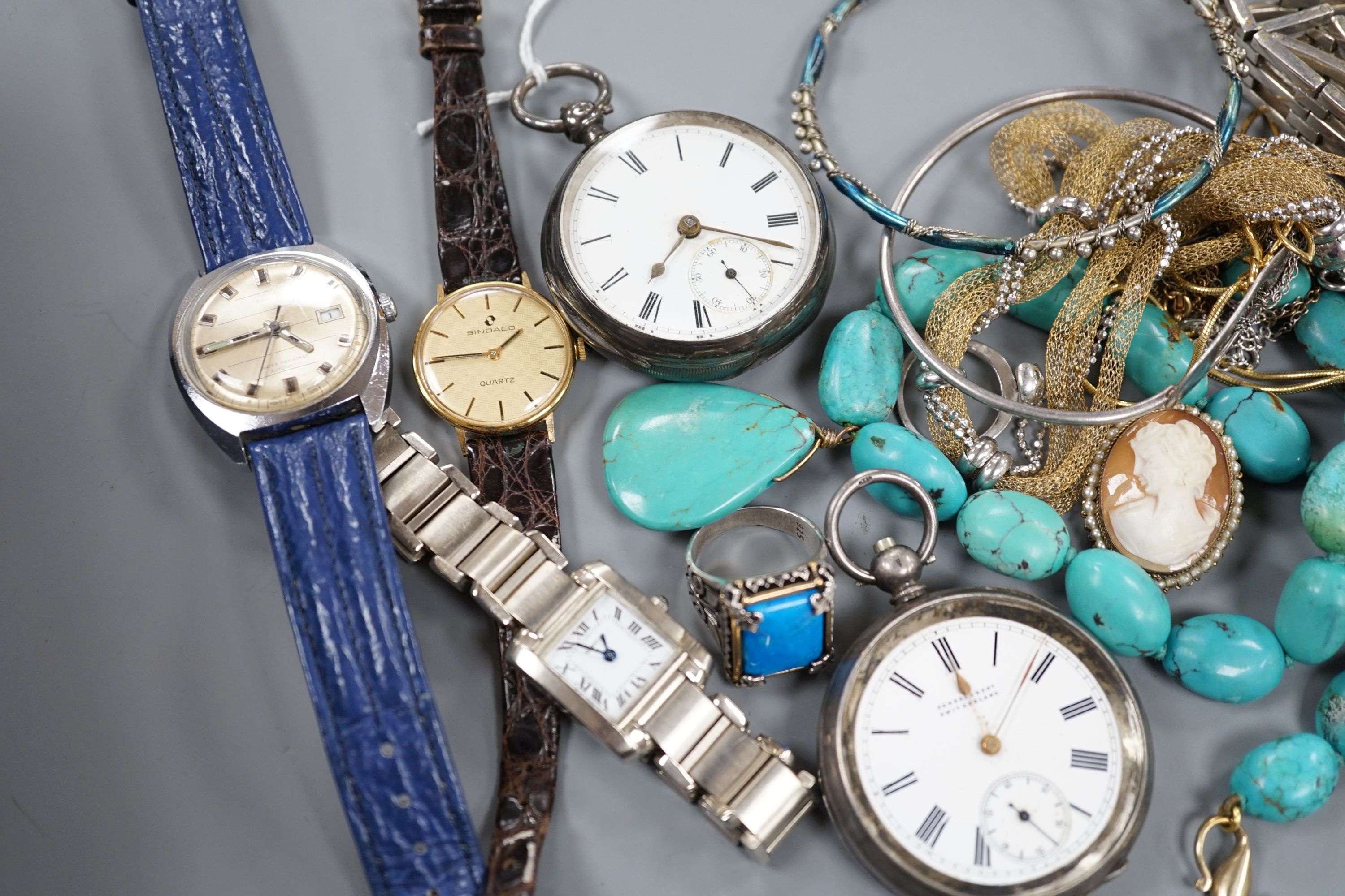 A small quantity of assorted costume jewellery, two silver pocket watches and assorted wrist watches including Timex.